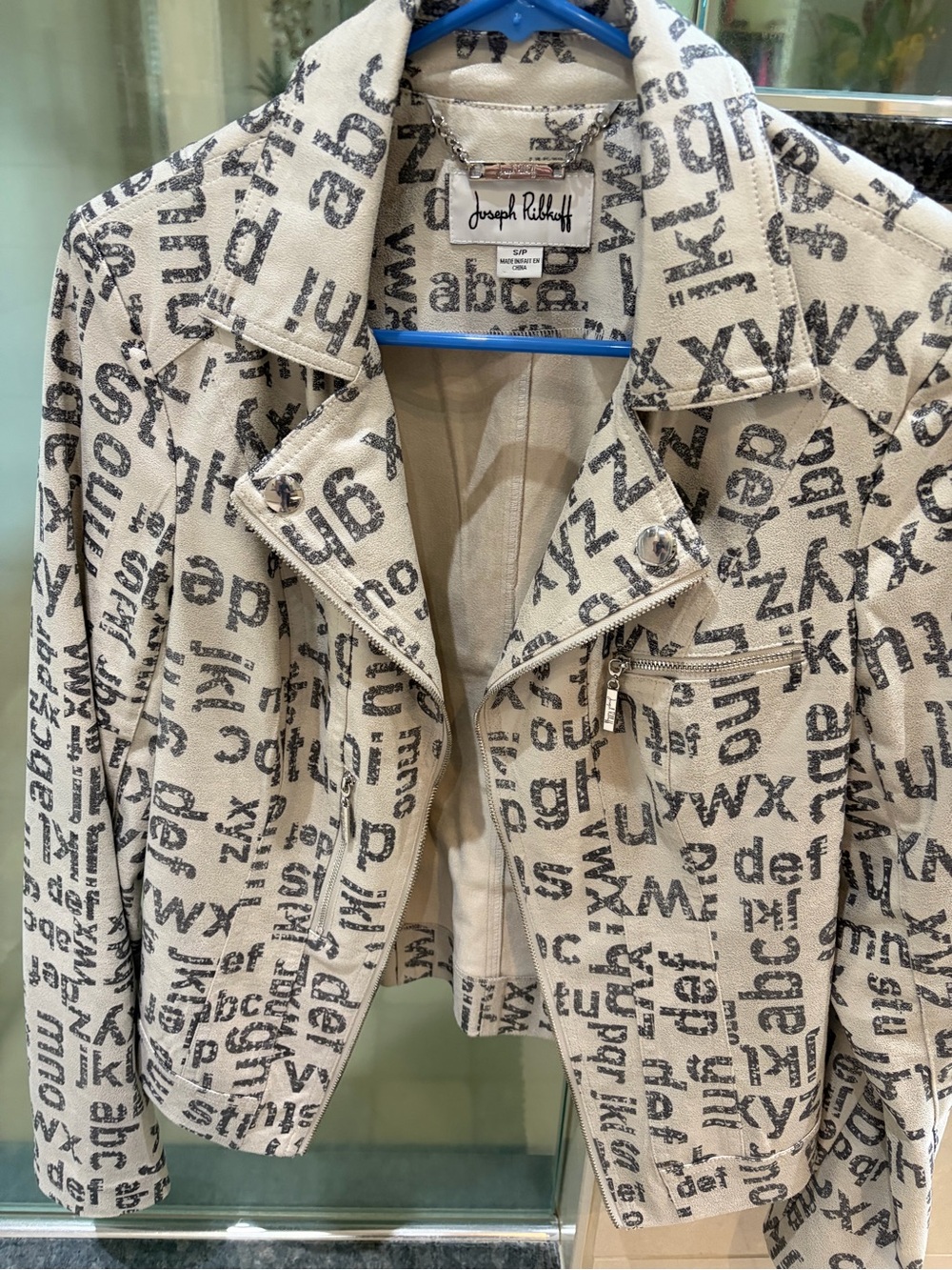 Joseph Ribkoff Cream and Black Letter-Print Moto Jacket